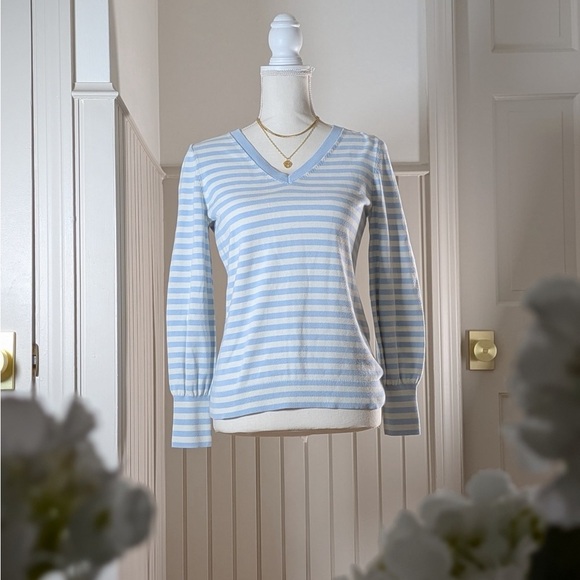 Talbots Sweaters - Talbots Blue White Striped Cotton V-Neck Sweater XS